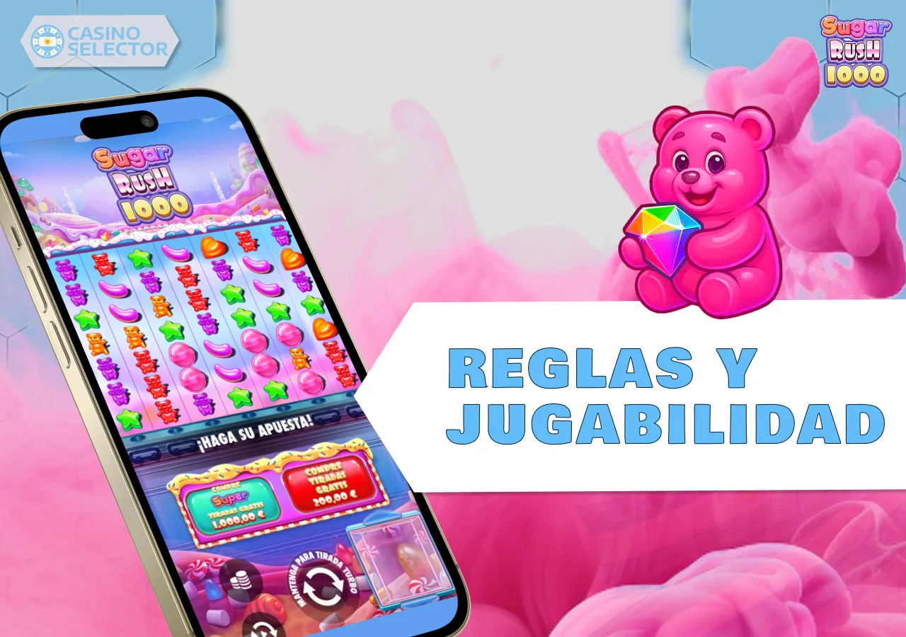 Reglas y jugabilidad de la tragamonedas Sugar Rush 1000, con funciones de bono y multiplicadores.